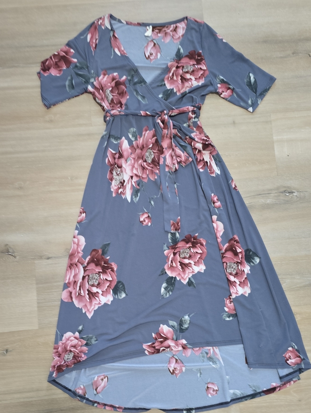 Hello MIZ Dusty Blue Gray Wrap Dress with Pink Floral Print